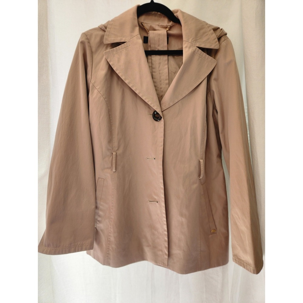 Ellen Tracy Kelly Khaki Large Belted Hooded 3 button Jacket with pockets Classy
